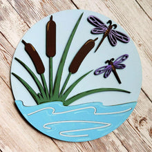 Load image into Gallery viewer, dragonfly decor, pond wall art, interchangeable frame insert, summer home decor, nature wall decor, cottage decor, farmhouse wall art, dragonfly gift, handcrafted wall decor, seasonal insert