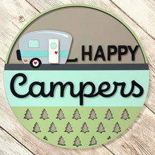 Load image into Gallery viewer, happy camper decor, camping sign, vintage trailer decor, rv decor, glamping decor, summer farmhouse decor, interchangeable insert, camper sign, camping wall art, outdoor decor