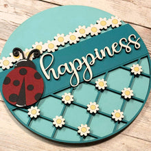 Load image into Gallery viewer, ladybug decor, spring farmhouse decor, daisy wall art, happiness sign, interchangeable insert, seasonal home decor, cheerful wall decor, spring sign, whimsical farmhouse, floral decor