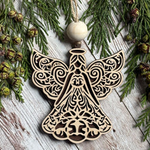 Load image into Gallery viewer, Wooden angel Christmas ornament with delicate cutout wings and halo for farmhouse holiday tree décor
