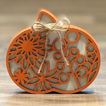 Load image into Gallery viewer, Set of chunky wood pumpkins styled together on a fall tiered tray
