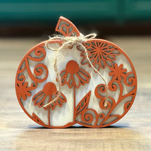 Load image into Gallery viewer, Set of chunky wood pumpkins styled together on a fall tiered tray
