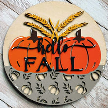 Load image into Gallery viewer, Hello Fall interchangeable frame insert with pumpkins and wheat for farmhouse fall home decor
