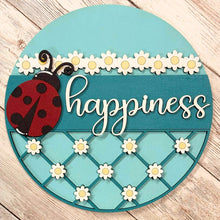 Load image into Gallery viewer, interchangeable insert with red ladybug, white daisies, and the word happiness in layered farmhouse style design
