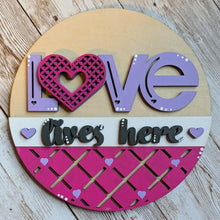 Load image into Gallery viewer, love lives here, valentine&#39;s day decor, farmhouse decor, hearts
