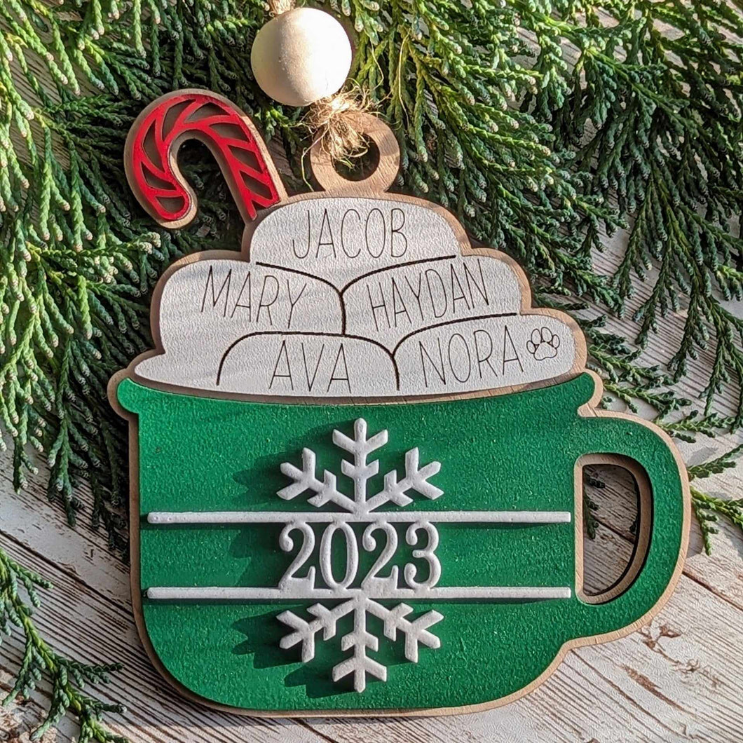 personalized family ornament, custom family ornament, hot cocoa ornament