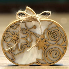 Load image into Gallery viewer, Chunky wood pumpkin with floral accents and bow
